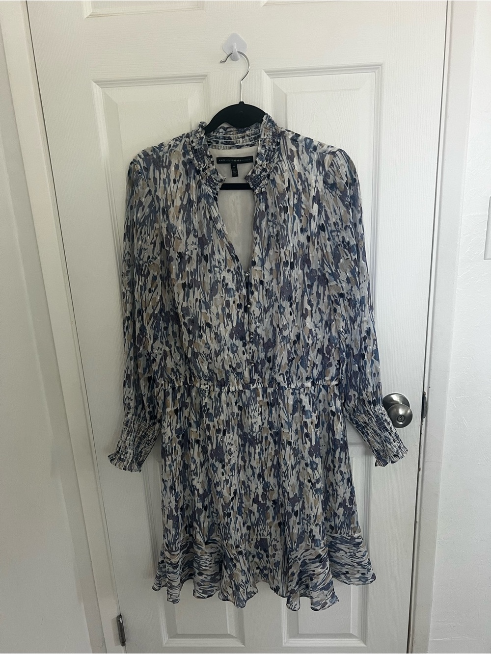 White House Black Market Blue and Cream Printed Long Sleeve Dress